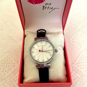 Betsy Johnson Watch. Silver tone dial with small crystals inlaid. Battery works